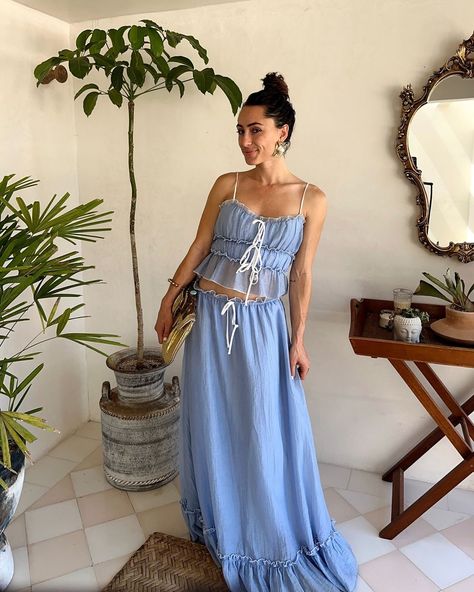 You asked for it so we’re giving you the best selling dahlia set in a new dreammyyy blue color Blue Maxi Skirt Outfit, Camp Outfits, Yellow Maxi Skirts, Bump Ahead, Matching Skirt Set, Party Bottoms, Long Jean Skirt, Concert Dresses, Blue Maxi Skirt