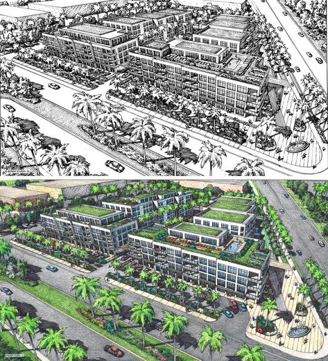 charrette drawing.  architectural illustration.  Hand drawing. Bw Drawing, Busy Drawing, Aerial Perspective, Architectural Illustration, Perspective Sketch, Elevation Drawing, Perspective Drawing Architecture, Aerial Images, Architecture Design Sketch