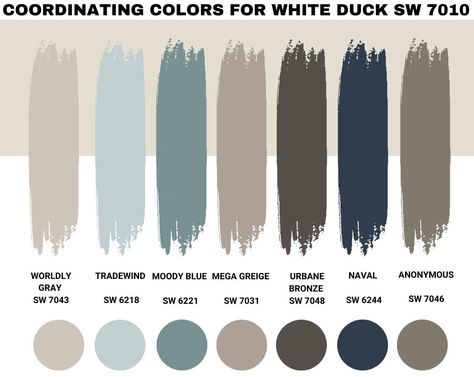 White Duck Paint, Sw White Duck, Worldly Gray Sherwin Williams, Sherwin Williams White Duck, Outdoor House Colors, Lake House Paint Colors, Coordinating Paint Colors, Eider White, Worldly Gray