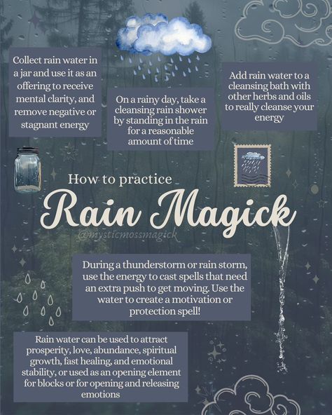 The Magick of rain and storms: Gathering rain water or using the energy of a thunderstorm is not something new to witches. There is a myriad of uses of the water collected from a storm, including cleansing baths, candle dressing, sprays, offerings, boosting spell work and just about anything you can think of. The use of water element connects us to our emotional selves as well as promotes personal and spiritual growth ✨🌧️☔️🌙 . . . #greenwitch #greenwitchcraft #kitchenwitch #kitchenwitchery #h... Spells For Rain, Rain Witch Aesthetic, Rain Water Spells, Rainy Day Witchcraft, Storm Witch Spells, Storm Water Witchcraft Uses, Snow Water Witchcraft, Rain Ritual, Rain Water Witchcraft