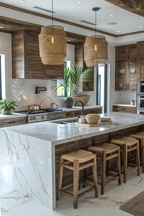 Center Island Kitchen, Modern Walnut Kitchen, Property Preservation, Walnut Kitchen Cabinets, Tropical Kitchen, Coastal Kitchen Design, Walnut Kitchen, Beach House Kitchens, Fabulous Kitchens