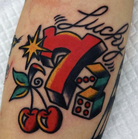 Traditional Tattoo Writing, Slot Tattoo, Seven Tattoo, Tattoo Writing, Casino Tattoo, Lucky Tattoo, Luck Tattoo, Traditional Tattoo Flash Art, Vegas Tattoo