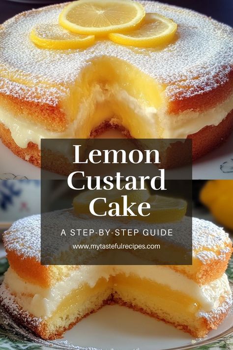 Discover the magic of Lemon Custard Cake! A luscious custard layer with a light, airy cake topping makes this dessert irresistibly good. It's a refreshing treat that’s sure to impress at any gathering! Zesty Lemon Custard Cake, Lemon Mouse Cake, Lemon Curd Cake Recipe, Custard Filling For Cake, Lemon Curd Recipes, Recipes Using Lemon Curd, Lemon Custard Cake, Custard Cake Filling, Frozen Custard Recipes