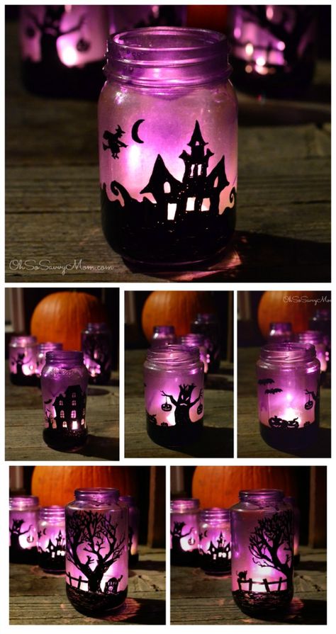 DIY Upcycled Halloween Village Luminaries Craft - Oh So Savvy Mom Diy Halloween Luminaries, Diy Halloween Dekoration, Halloween Luminaries, Halloween Jars, Halloween Crafts For Toddlers, Halloween House Party, Halloween Pumpkins Painted, Diy Halloween Decor, Adornos Halloween