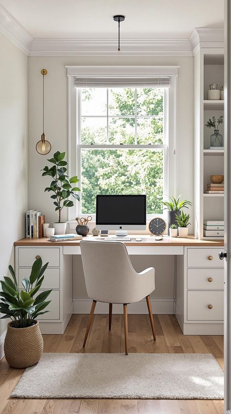 Tiny Office Space Ideas Desk Under Window Ideas, Home Office By Window, Office Window Desk, Home Office Ideas With Windows, Home Office Under Window, Small Cosy Office, Home Office Desk Under Window, Scandi Home Office Ideas, Office Design With Window