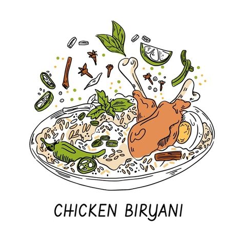 Biryani Illustration Art, Biryani Drawing, Biryani Branding, Biryani Illustration, Biriyani Logo, Indian Food Items, Indian Food Photography, Chicken Cooking, Recipe Drawing