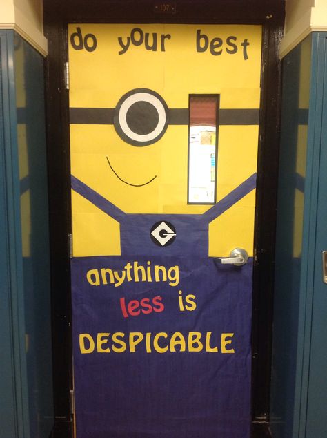 This cute and despicable classroom door could be used any time of the year. Minion Themed Football Posters, Dory Classroom Door, Minions Classroom Decor, Minion Posters For School, Minion Classroom Door, Testing Bulletin Boards, Minion Classroom Theme Bulletin Boards, Minion Classroom Theme, Minion Classroom