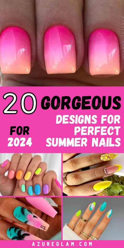 Elevate your summer look with the perfect nails for 2024. Our curated collection features a range of colors and styles, from classic reds to trendy blues. Whether you prefer short and chic or long and glamorous, we have the perfect nail design to suit your style. Say hello to the perfect summer nails and get ready to turn heads wherever you go. Dip Nail Colors Summer 2024, Neon Nail Designs 2024, Bright Fun Nails, Perfect Summer Nails, Summer Nails Almond, Summer Nails 2024, Rainbow Nails Design, Nails Neon, Fun Summer Nails