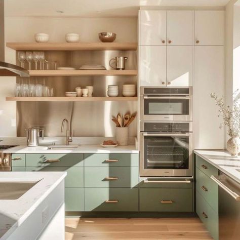 Pale Green And Wood Kitchen, Sage Green Kitchen Cabinets Open Shelving, Kitchen Creative Ideas, Sage And Wood Kitchen Cabinets, Modern Sage Green Kitchen, Sage And Wood Kitchen, Beige And Green Kitchen, Olive Kitchen Ideas, Sage Kitchen Ideas