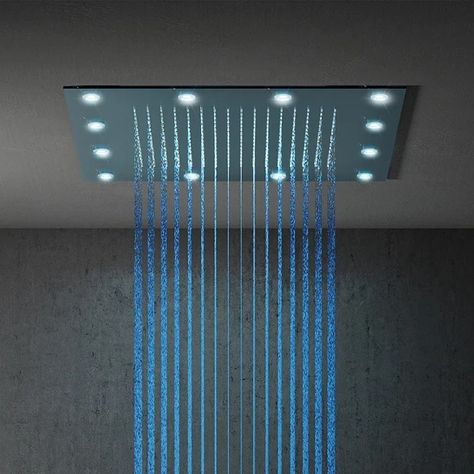 Shower With Led Lights, Shower Lighting Ideas, Overhead Shower Head, Square Shower Head, Ceiling Shower Head, Shower Lighting, Ensuite Bathroom, Shower Design, Visual Effects