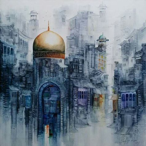 Islamic City, Architecture Abstract, Mughal Art Paintings, Mughal Architecture, City Sketch, Mosque Art, Arabian Art, Mughal Paintings, Watercolor Architecture