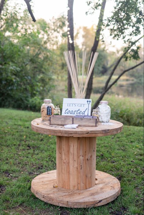 Smores Board Wedding, Smore Table Wedding, S’more Wedding Bar, Camping Engagement Party, S’mores Wedding, S’mores Table, Smores Table Wedding, S’mores Bar Wedding, Smores Bars Party Ideas