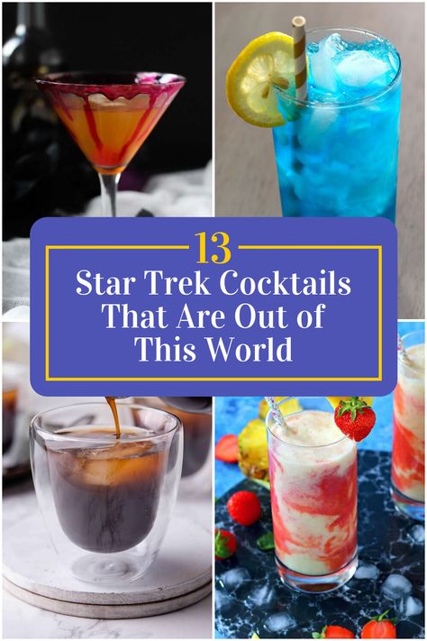 Collage of 4 star trek cocktails. Star Trek Cocktails, Star Trek Food Recipes, Sci Fi Party Ideas, Star Trek Food Ideas, Star Trek Themed Party, Star Trek Party Food, Star Trek Recipes, Star Trek Party Ideas, Romulan Ale Recipe