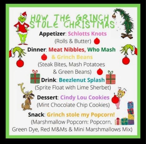 Fork N Film Ideas, Grinchmas Movie Night, Polar Express Themed Food, The Grinch Movie Night, Christmas Movie Themed Dinner Ideas, Family Movie Themed Dinner Ideas, Christmas Movie Night Snacks For Kids, The Grinch Movie Night Food Ideas, Grinch Themed Food Movie Nights