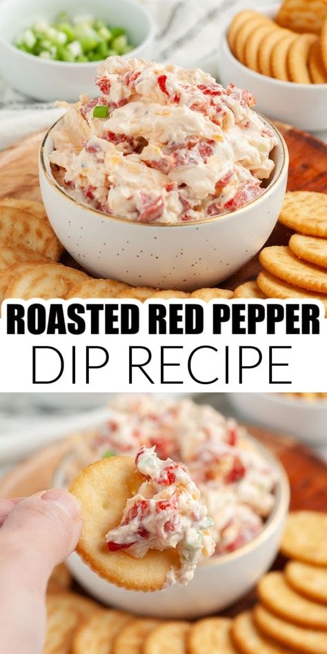 This creamy roasted red pepper dip is a delicious cold appetizer that can be made in minutes. Roasted red pepper dip has a creamy base filled with roasted red peppers, green onions, and cheese. This cold dip recipe is packed with flavor! Appetizer Dips Easy, Roasted Red Pepper Dip Cream Cheese, Baked Dips Appetizers, Dips In Crockpot, Red Party Foods, Creative Dips, New Years Dips, Red Party Food, Dips And Appetizers Easy