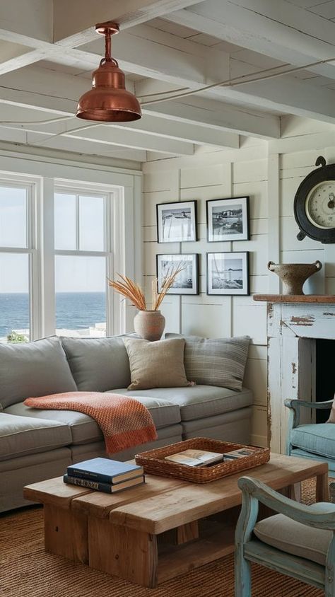 30 Cozy Coastal Cottage Living Room Ideas — Coastal Cottage by Celeste Beach House Living Room Aesthetic, Small Lake Cottage Interiors Living Room, Living Room Coastal Modern, Warm House Colors, New England Cottage Interiors, Coastal Ranch House, Small Beach Cottages Interior, Modern Cottage Homes Interiors, Maine Coastal Cottage