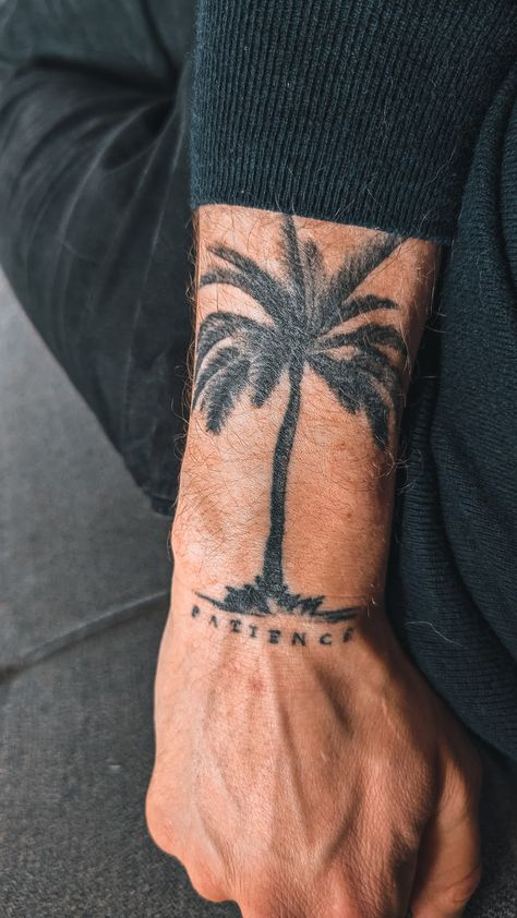 Simple Freedom Tattoo, Male Shin Tattoo, Miami Inspired Tattoos, Men’s Beach Tattoos, Beach Tattoo Men, Men’s Shin Tattoo, Palm Tattoo Men, Waiting Tattoo, Florida Tattoo Ideas For Men