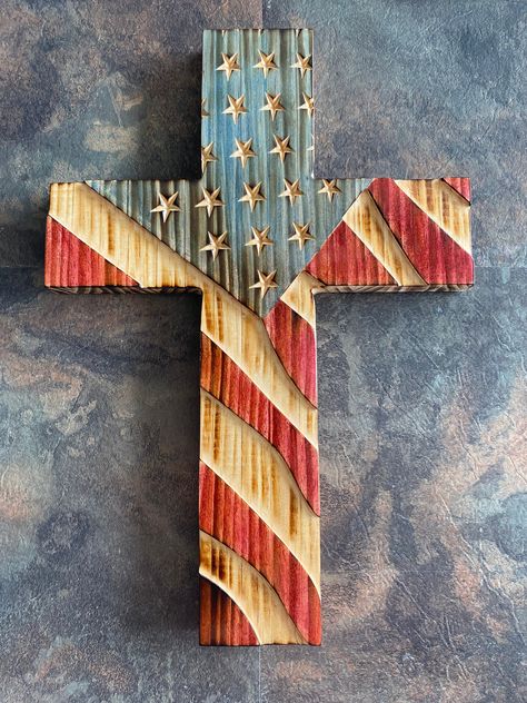 Rustic wavy American flag cross by TrueGritWorkshop on Etsy Crosses Crafts, American Flag Cross, Patriotic Decorations Party, Wavy Flag, Rustic American Flag, Deployment Gifts, Rustic Cross, Military Gift, Cross Crafts