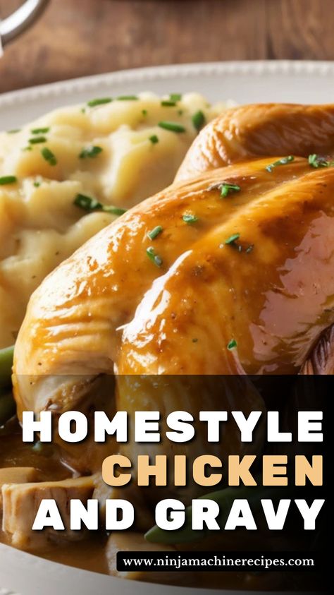 Bring comfort to your table with this Homestyle Chicken and Gravy recipe. Perfectly seasoned chicken smothered in rich, creamy gravy makes for a classic and hearty dinner the whole family will enjoy! Chicken And Gravy Dinner Ideas, Skillet Chicken And Gravy, Homemade Chicken Gravy Recipe, White Chicken Gravy, Chicken With Gravy Recipes, Chicken And Gravy Recipes, Chicken N Gravy, Creamy Smothered Chicken, Easy Chicken And Gravy