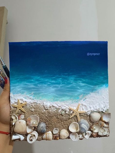 Canvas Art With Seashells, Beach Mixed Media Art, Beach Painting With Shells, Seashell Painting On Canvas, Diy Beach Wall Art, Sea Shell Crafts Seashell Art Ideas, Shell Paintings On Canvas, Seashell On Canvas, What To Do With Shells From The Beach