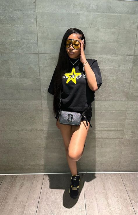 Jordan 4 Outfits Black Women, Outfits For Thunder 4s, Black And Yellow Shoes Outfit, Retro Thunder 4s Outfit, Thunder 4s Jordans Outfit Girl, Outfit Inspo Black Women Summer, Black And Yellow Thunder 4s Outfit, Space Jam 11 Outfit, Thunder 4s Jordans Outfit Yellow