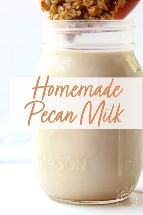 Sweet and creamy homemade pecan milk is ready in just minutes. Learn how to make pecan milk with this easy recipe! It’s a creamy, delicious dairy-free milk that’s perfect for your morning coffee, tea or oats. #pecans #dairyfree #veganrecipes