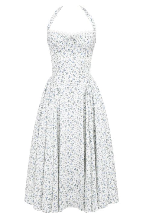 Fall for the retro-inspired silhouette of this halter dress designed with a pleated corseted bodice and a flared skirt. Exclusive retailer Halter neck Lined 65% cotton, 32% nylon, 3% elastane Dry clean Imported House Dress Aesthetic, Corset Dress Casual, Delicate Heels, Cottage Dress, Halter Sundress, Blue Sundress, Spring Sunshine, House Of Cb Dresses, Midi Sundress