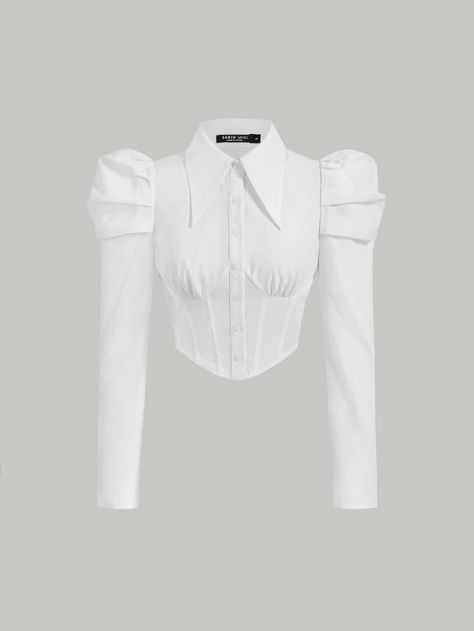 White Elegant Collar Long Sleeve Woven Fabric Plain Shirt Embellished Non-Stretch  Women Tops, Blouses & Tee Women Button Down Shirt Outfit, White Chemise, Gigot Sleeve, Cropped Cable Knit Sweater, Fancy Shirt, Girls Dress Outfits, Plain Shirt, Women Blouses, Elegant Shirt