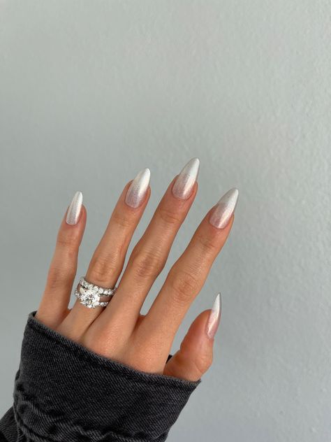 Subtle Metallic Nails, Silver Tip Ombre Nails, Platinum Silver Nails, Silver Irridescent Nails, Trendy Clear Nails, Sheer Silver Nails, Silver Holo Nails, Glass Slipper Nails, Light Silver Chrome Nails