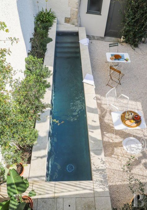 a small outdoor space with white garden furniture, a long narrow pool, growing greenery is a cool nook Mini Pool Backyard, Piscinas Pequeñas, Concrete Pools, Poolside Decor, Cozy Garden, Mini Pool, Small Pool Design, Concrete Pool, Small Pools