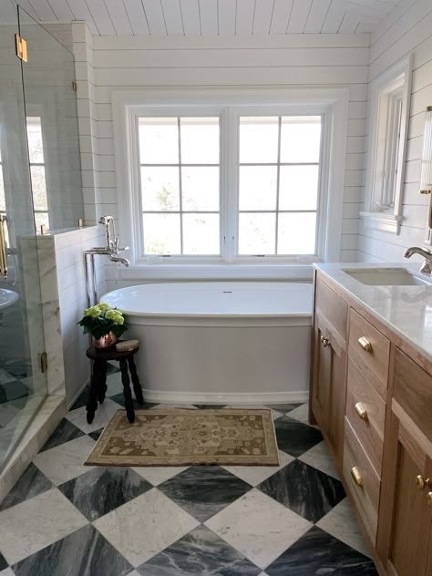 All the Details on Our Marble Checkerboard Floors | We're the Whites Checkered Bathroom, Black And White Bathroom Floor, White Home Design, Marble Bathroom Floor, Checkerboard Floor, Narrow Bathroom, White Tile Floor, Bathroom Floors, Primary Bathroom