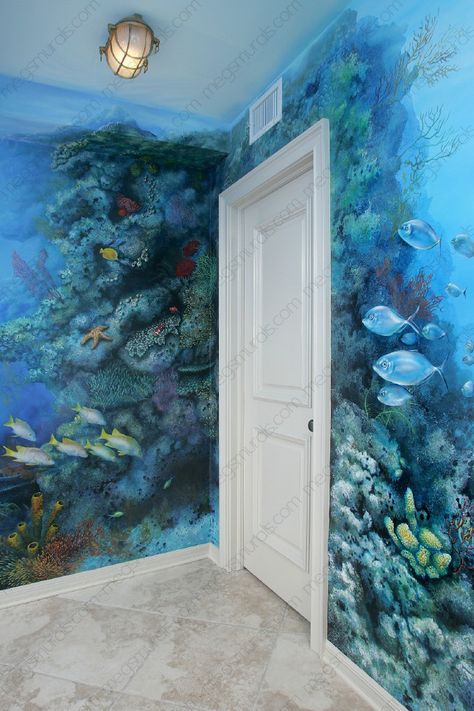 Part of the 200ft undersea mural. www.megsmurals.com Undersea Mural, Ocean Themed Bathroom, Ocean Mural, Photowall Ideas, Under Sea, Ocean Room, Mermaid Bedroom, Underwater Pictures, Themed Bathroom