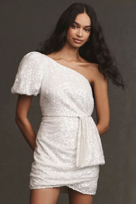 Sachin & Babi Dova Puffed One-Shoulder Sequin Bow Train Wrap Mini Dress | Anthropologie One Shoulder White Dress, Sparkly Mini Dress, Sachin Babi, Wrap Mini Dress, Bridal Event, Sequin Bow, Dress Purchase, Sequin Mini, Sequin Mini Dress