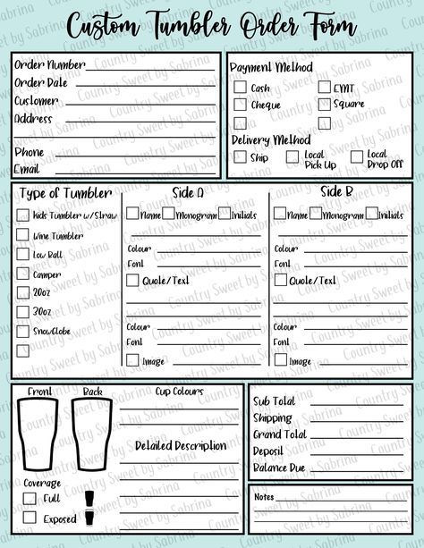 This listing is for a DIGITAL file ONLY. This is a JPG file for ready to print Custom Tumbler Order Forms that you may print home as needed and as much as you want! These forms are perfect to help you get your custom orders written down properly, and keep them organized. File has been saved as a JPG in a standard letter format (8.5in x 11in). Depending on the program you use, resizing may be required. **THIS FILE IS AN INSTANT DOWNLOAD. NOTHING WILL BE MAILED TO YOU.** You may download the file Tshirt Printing Business, Order Template, Custom Order Form, Order Form Template Free, Order Form Template, Bookkeeping Templates, Check Email, Tumbler Template, Letter Format