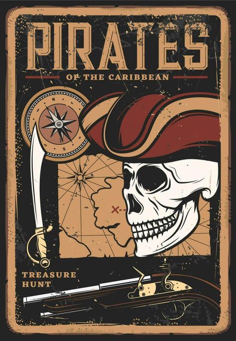 Pirates vintage poster, skull in hat, treasure map Pirate Illustration, Planet Poster, Pirate Decor, Pirate Adventure, Treasure Map, Bullet Journal Diy, Pirate Skull, Decoration For Living Room, Treasure Maps