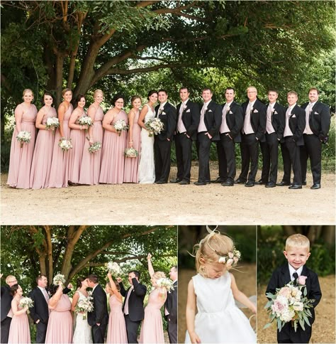 Pink Bridesmaids Dress and Black Suits | Maddie Peschong Photography Dusty Rose Bridesmaid Dress Groomsmen, Black And Blush Groomsmen Attire, Groomsmen Attire Black And Pink, Wedding Colors With Black Suits, Black And Pink Groomsmen, Black And Dusty Pink Wedding, Dusty Pink Groomsmen Attire, Blush Pink Groomsmen Attire, Pink And Black Wedding Party