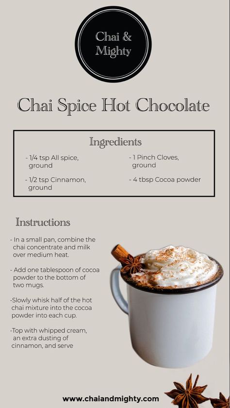 Spice Hot Chocolate, Spiced Hot Chocolate, Chai Tea Recipe, Tea Latte Recipe, Hot Drinks Recipes, Tea Drink Recipes, Cozy Drinks, Warm Drinks, Chocolate Recipe