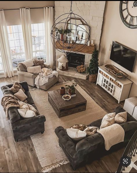 Fresh Living Room Ideas, Fresh Living Room, Farm House Livingroom, Living Room Setup, Beautiful Farm, Hearth Room, Corner Fireplace, Clean Slate, Farmhouse Decoration