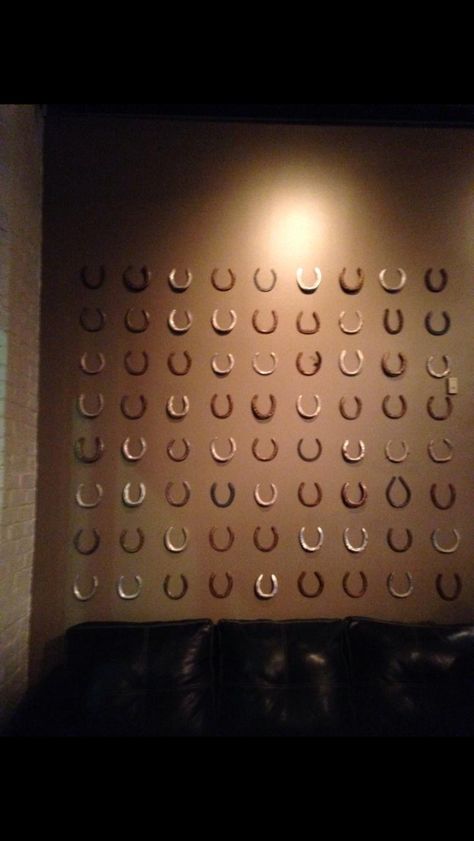 Horse Saddle Wall Display, Horse Shoe Wall Decor, Horse Shoe Wall Art, Horseshoe Wall Art, Horseshoe Wall Hanging, Horseshoe Wall Decor, Saddle Decor Ideas, Cowhide On Wall Ideas, Horse Shoe Decor