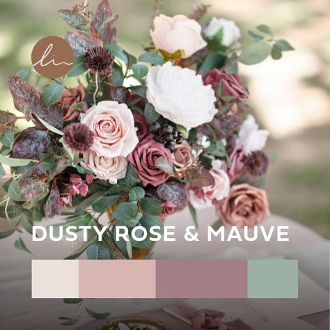 Spring Mauve Wedding, Sage Rose Wedding, Dusty Rose Mauve Sage Green Wedding, Mauve Rose Bouquet, Mauve And Sage Wedding Color Schemes, Dust Pink Wedding Decor, Dusty Rose And Sage Green Wedding Reception, Mauve Taupe Wedding, Deep Rose Wedding Color Schemes