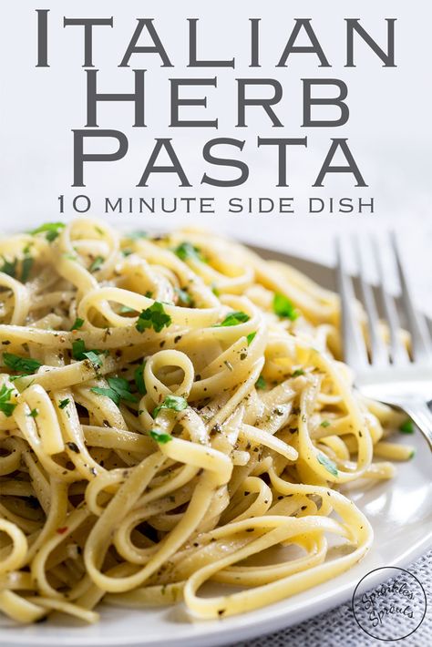 This No Cream Italian Herb Pasta is the perfect last minute side dish. It is so quick it comes together in just 10 minutes!!! A great side dish no matter what you are having for dinner. Perfect for serving with grilled meats, chicken, beef, pork or lamb. Or serve it up with mushrooms as a vegetarian choice. #sidedish #quickpasta #pastaside #10minutes Herbed Pasta Recipes, Pasta With Steak Dinners, Side Dishes For Grilled Pork Chops, Pasta With No Meat Recipes, Side Dishes For Italian Chicken, Pasta As A Side Dish, Pasta Recipes With No Meat, Italian Pasta Side Dishes, Pasta Sides For Chicken