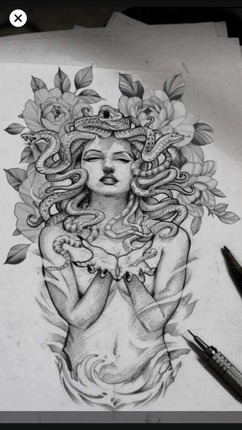 Full Medusa Tattoo, Medusa Floral Tattoo Sleeve, Medusa Body Tattoo, Madussa Tattoo Design Leg, Medusa Full Body Drawing, Medusa Full Body Tattoo, Medusa With Flowers Tattoo, Medusa Tattoo Color, Medusa With Flowers