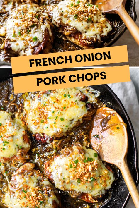 French Onion Pork Chops are exactly what they sound like. Tender, juicy, flavorful chops smothered in French onion gravy, then topped with melty gruyère cheese and toasted bread crumbs. And it only takes 35 minutes! This recipe truly is reminiscent of French onion soup, and it’s comfort food perfection.  #porkchops #porkrecipe #frenchonion #comfortfood #skilletmeal #easydinner Onion Pork Chops, French Onion Pork Chops, Pork Chop Recipe, French Onion Chicken, Onion Chicken, The Soup, Pork Chop, Pork Chop Recipes, French Onion Soup