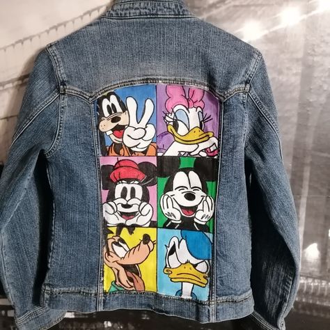 Disney Denim Jacket Painted, Disney Painted Jacket, Painted Disney Jacket, Disney Painted Jean Jacket, Disney Jean Jacket, Disney Denim Jacket, Denim Jacket Diy Paint, Jacket Painting, Painted Jean Jacket