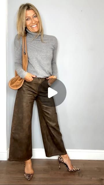 Abi Norman on Instagram: "I love instagram for style inspo and I saw this outfit on the gorgeous @everyday_abby and just had to recreate it 🤎

Brown faux leather trousers Freepeople from @amapolalondon 
Grey jumper @next - old
Leopard heels @mango - AW23
Suede bag @asos - current 

#stealherstyle #autumnstyle #casualstyle #styleinspiration #fashionideas #leopardprint #chicstyle #grwm #stylereels" H.e.r Style, Faux Leather Trousers, Suede Bag, Grey Jumper, Leopard Heels, Leather Trousers, Casual Style, Chic Style, Leopard Print