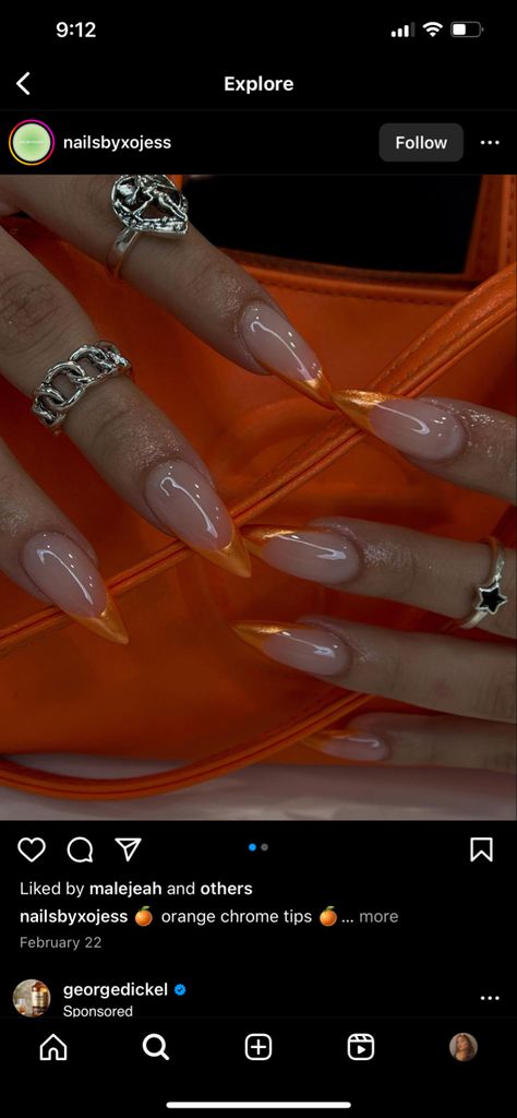 Orange Chrome Tip Nails, Orange Chrome Tips, Orange Chrome Almond Nails, Orange French Chrome Nails, Orange Glitter French Tip Nails, Orange French Tip Chrome, Orange And Black French Tip Nails, Orange Metallic Nails, Orange Pearl Nails