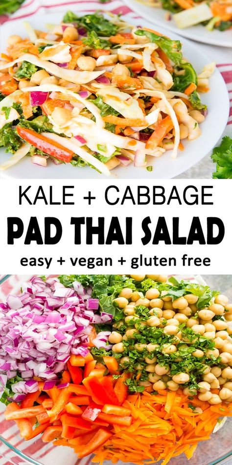 Kale and Cabbage Pad Thai Salad - Countsofthenetherworld.com Cabbage Pad Thai, Noodles With Cabbage, Pad Thai Salad, Kale And Cabbage, Thai Salad Recipes, Thai Salad, Thai Salads, Vegetarian Salad Recipes, Superfood Salad