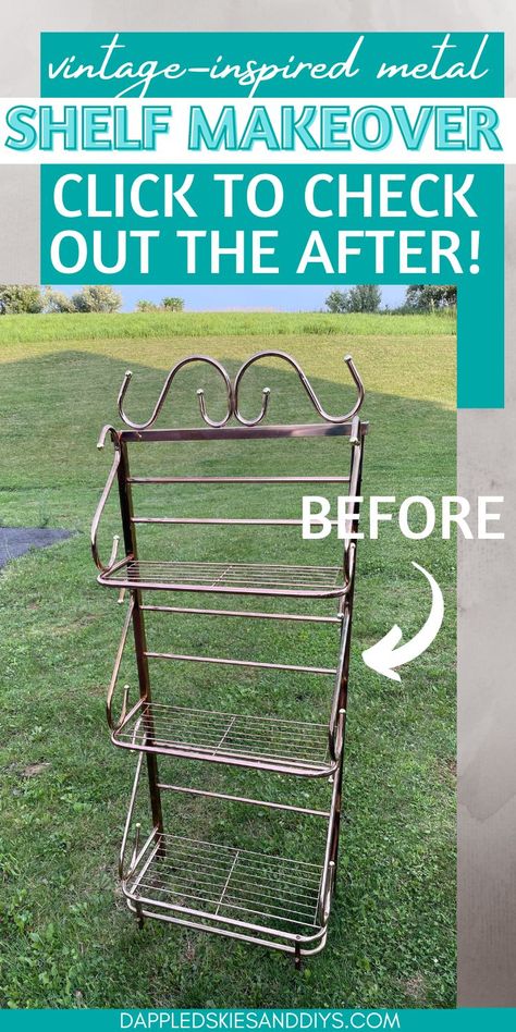 Three-tiered metal shelf DIY using spray paint and rub 'n buff. Metal Shelf Makeover Diy, Metal Plant Shelves, Spray Paint Metal Shelves, Painted Metal Shelves, Metal Bakers Rack Makeover, Spray Paint Wire Shelves, Wire Rack Makeover, Metal Shelving Ideas, Wire Shelves Makeover