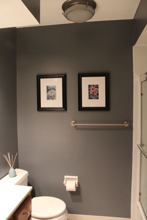 Liquid mercury by behr paint.  I think this may be the new bathroom color. Gray Bathroom Walls, Dark Gray Bathroom, Grey Accent Wall, Gray Bathroom, Bathroom Paint Colors, Rustic Bathroom Decor, Grey Paint, Bathroom Color, Bathroom Redo