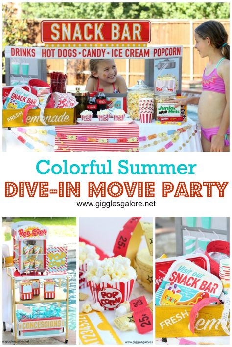 Grab some snacks, pull up a pool float and get ready to watch a movie under the stars at this colorful Summer Dive-In Movie Party! #fun365 #summerparty #partyideas #gigglesgalore #movieparty Pool Movie Party, Dive In Movie Party Ideas, Backyard Pool Party Ideas, Movie Under The Stars, Backyard Pool Party, Dive In Movie, Pool Movie, Outdoor Movie Party, Party Ideas Kids